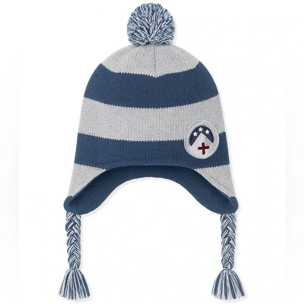 Old Navy Kids Fleece Lined Earflap Hat Navy Gray Stripes Pom Pom Winter Size 5T